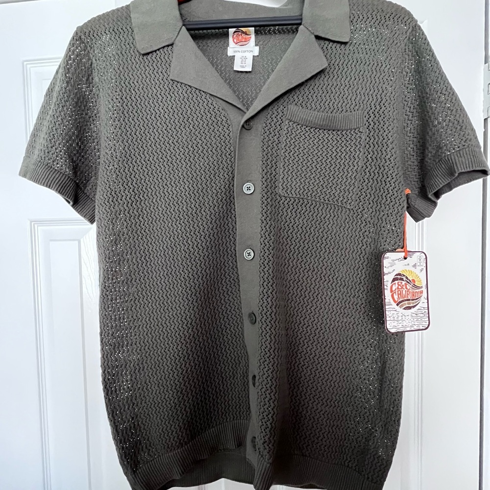 C&C California Men's Olive Green Knit Button Down Shirt